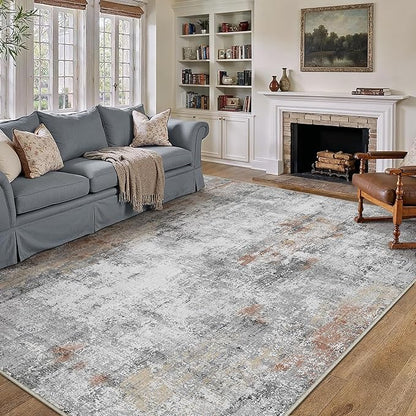 10x12 Washable Area Rug Grey Rust Abstract Living Room Bedroom Carpet Neutral Modern Non-Slip Soft Low Pile Lightweight Vacuumable Large Throw Rug for Dining Room
