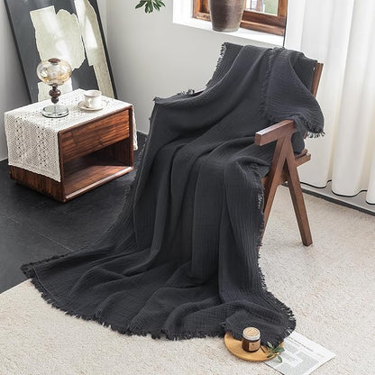 FOSSA Muslin Blanket with Fringe - 4-Layer 100% Cotton Gauze Super Soft & Breathable Throw -Lightweight Decorative Cooling Blanket for Bed, Sofa, Office -Throw XL Size 70" x 50" (Dark Gray)