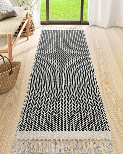 Lahome Boho Kitchen Runner, 2'6''x8 Runners for Hallways Lightweight Bath Mat Woven Washable Runner Rug with Tassels, Farmhouse Non Shedding Black Rug for Bedroom Living Room