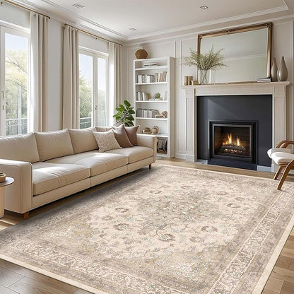 vivorug 8x10 Neutral Area Rugs for Living Room, Non-Slip Backing Washable Rug 8x10, Beige Large Area Rug Soft Carpet for Bedroom Dining Room, Vintage, Easy Clean, Durable, Low Pile Rug Under Table