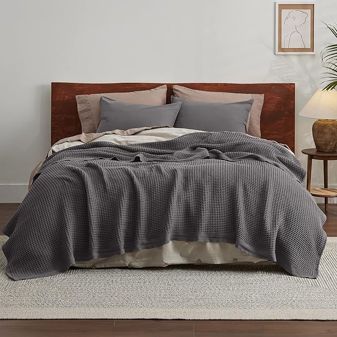 Bedsure Gentlesoft 100% Cotton Blanket King Size for Bed - Breathable and Soft, Thick Cozy Waffle Weave Christmas Blanket Gift for Women, Dark Grey, 104x90 inches