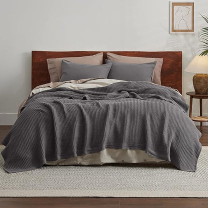 Bedsure Gentlesoft 100% Cotton Blanket King Size for Bed - Breathable and Soft, Thick Cozy Waffle Weave Christmas Blanket Gift for Women, Dark Grey, 104x90 inches