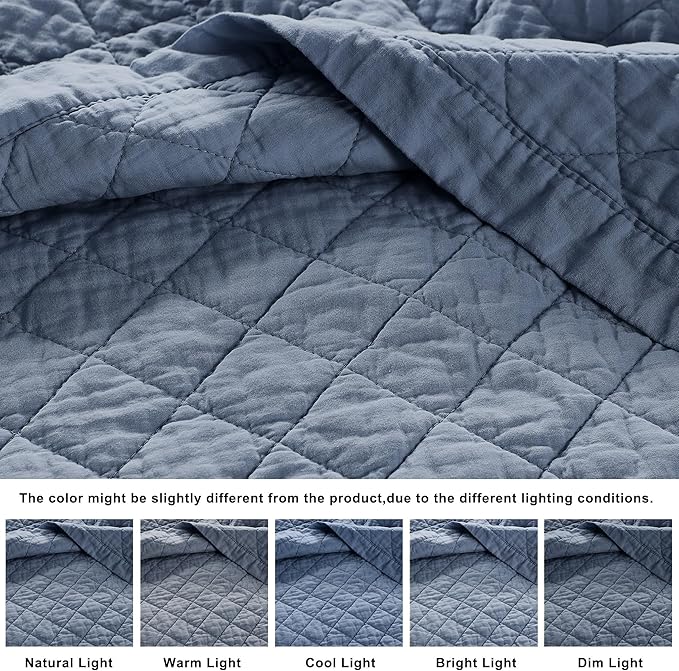 WDCOZY 100% Pre-Washed Cotton Twin Size Quilt Set - Dusty Blue Ruffle Box Soft Lightweight Bedspread, Textured Like Linen, Farmhouse Country Rustic Coverlet, Shabby Chic Gauze Bedding, 2 Pieces
