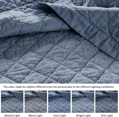 WDCOZY 100% Pre-Washed Cotton Oversized King Size Quilt Set - Blue California Cal King Soft Lightweight Bedspread, Textured Like Linen, Farmhouse Country Rustic Coverlet, Diamond Stitch Bedding