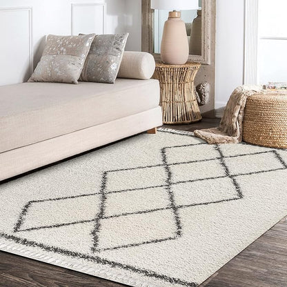 JONATHAN Y Mercer Shag Plush Tassel Cream/Gray Indoor Area Rug, 8x10, Moroccan Geometric Trellis, Bohemian, Easy-Cleaning for Living Room, Bedroom, Kitchen, Pet Friendly, Non-Shedding (MCR103B-8)