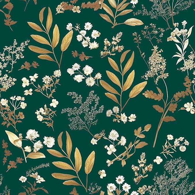 Dark Green Floral Wallpaper Peel and Stick Green Golden Leaf Wallpaper Vintage Floral Contact Paper Waterproof Self Adhesive Boho Delicate Wall Paper for Cabinet Rooms Walls Locker 17.5" x 118"