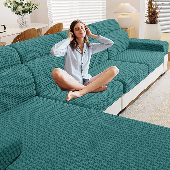 MAXIJIN Couch Cushion Covers for Sectional Sofa, Stretch Sofa Cushion Cover Washable Furniture Protector with Elastic Bottom & Non-Slip Strap for Pets Kids (1PC Chaise Cover, Peacock Blue)