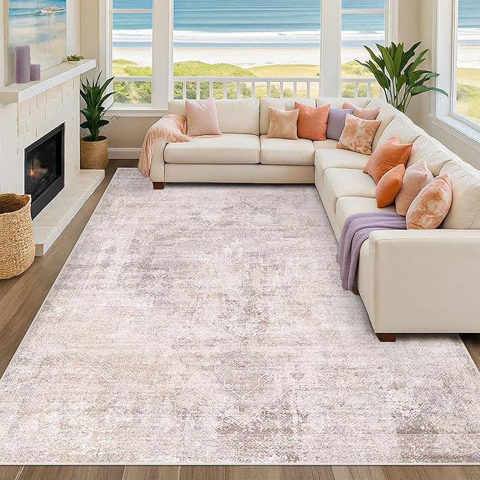 Washale Modern 7x9 Area Rugs for Bedroom, Pink and Grey Rug for Dinning Room Under Table,Living Room, Non Slip Low Pile Thin Floor Carpet