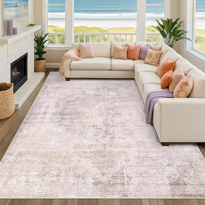 Washale Modern 7x9 Area Rugs for Bedroom, Pink and Grey Rug for Dinning Room Under Table,Living Room, Non Slip Low Pile Thin Floor Carpet