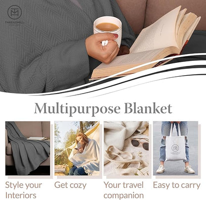 Threadmill Luxury Cotton Blankets for Queen Size Bed | All-Season 100% Cotton Queen Size Blanket | Herringbone Cozy, Soft Breathable Fall Thermal Blanket fits Full Size Bed | Dark Grey