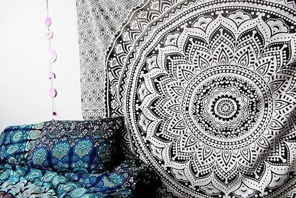 raajsee Grey Black Mandala Tapestry Bedroom Aesthetic - Indie Wall Tapestries Hippie Room Decor - Boho White Trippy Tapestrys Wall Hanging - Mandalas Wall Art 82x92 Inches