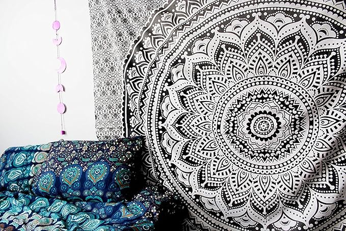 raajsee Grey Black Mandala Tapestry Bedroom Aesthetic - Indie Wall Tapestries Hippie Room Decor - Boho White Trippy Tapestrys Wall Hanging - Mandalas Wall Art 82x92 Inches
