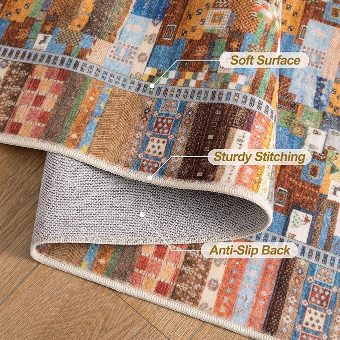 Tangsoo 3x5 Washable Rug, Vintage Throw Rugs Non Slip, Soft Low Pile Floor Rug Tribal Indoor Area Rugs Carpet for Living Room Bedroom Office Laundry Bedside Entrance Entryway(Yellow Multi)