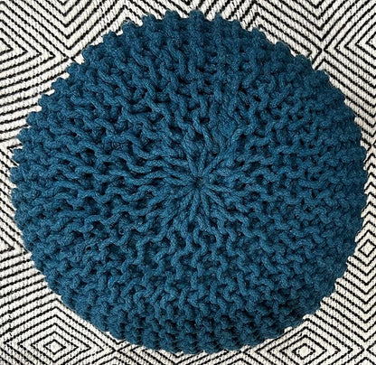 FRELISH DECOR Round Pouf Ottoman Hand Knitted 100% Cotton Pouf Foot Stool - Knitted Bean Bag - Floor Chair for Living Room Bedroom - Foot Rest for Couch (20 Diameter x 14 Height) - Teal