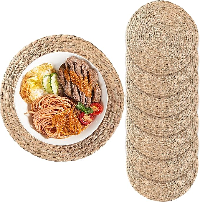 Woven Placemats Set of 8, 10 Inch Medium Rattan Placemats Wicker Place Mats,Natural Farmhouse Jute Braided Table Runner for Kitchen Countertops, Housewarming Gift,Table, Home Decor