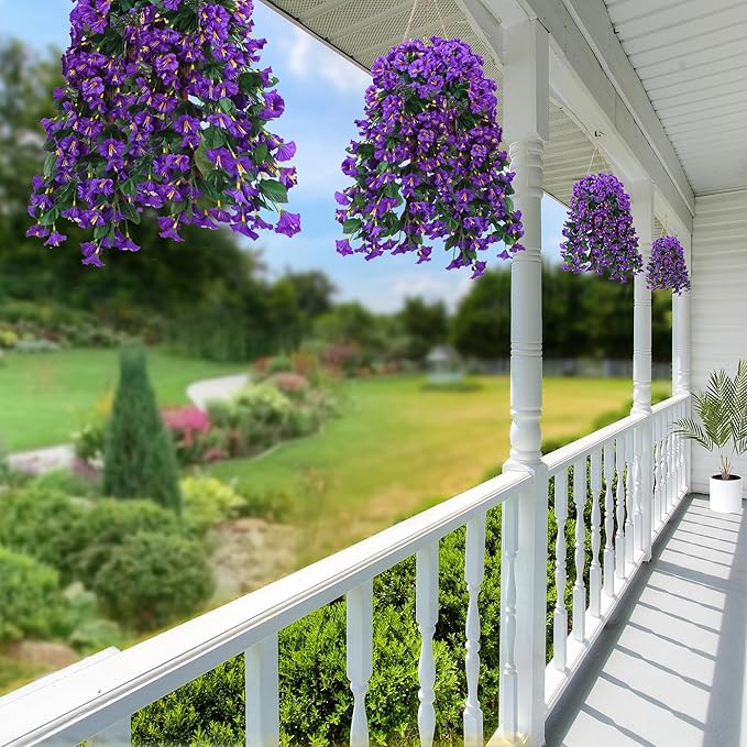 Sggvecsy Artificial Fake Hanging Flowers Plants for Outdoor Outside Spring Summer Decoration 4PCS Faux Silk UV Resistant Realistic Morning Glory Trailing Vines for Home Porch Patio Balcony(Purple)