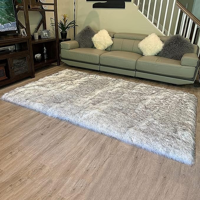 LAMBZY High Pile Super Fluffy Soft Faux Sheepskin Rug | Faux Sheepskin Rugs for Living Room Playroom Bedroom | Classic Super Soft to Touch Rug (8'x11', White/Black Tips)