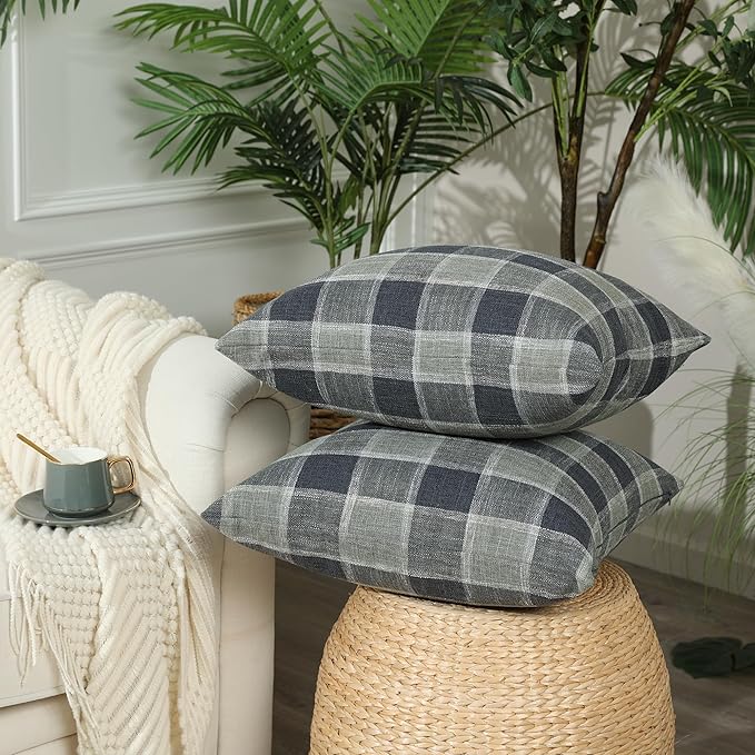 Stellhome Pack of 2 Linen Buffalo Check Throw Pillow Covers, Farmhouse Plaid Decorative Cushion Covers for Couch Sofa Living Room, 18x18 Inch, Dark Grey