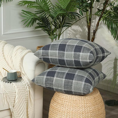 Stellhome Pack of 2 Linen Buffalo Check Throw Pillow Covers, Farmhouse Plaid Decorative Cushion Covers for Couch Sofa Living Room, 18x18 Inch, Dark Grey