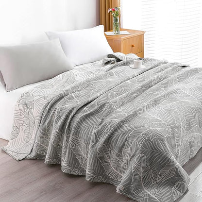 NTBAY 3 Layers Cotton Muslin 88x92 Queen Bed Blanket, Super Soft Breathable Thermal Yarn Dyed Quilt for Adults, Perfect Lightweight Blanket for Couch Sofa Bed All Seasons, Dark Grey Leaf