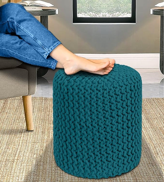 COTTON CRAFT Braided Round Pouf - Hand Knitted Cotton Cord Cable Dori Cylindrical Ottoman - Foot Stool - Floor Pouf - Footrest - Accent Seat - Living Room Bedroom Dorm Décor - 15 Round x 16 H - Teal