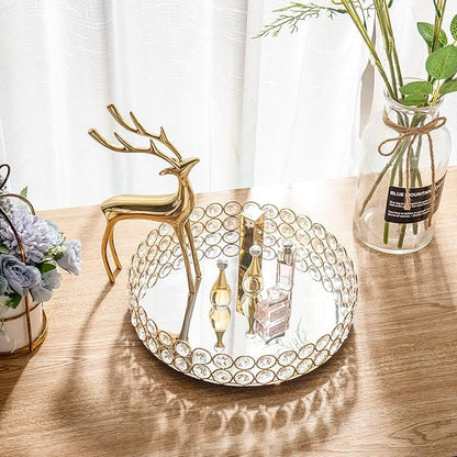 Feyarl Crystal Perfume Tray Makeup Cosmetic Vanity Organizer Jewelry Trinket Display Storage Mirrored Decorative Tray Skin Care Tray for Dresser Home Deco Birthday Gift(Round 10" inch) (Gold)