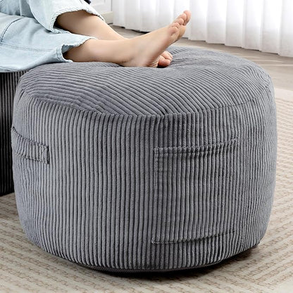 Round Stuffed Pouf Ottoman,Corduroy Foot Rest with Rebound Foam Filled, Furry and Fluffy Foot Stool Ottoman, Floor Poufs for Living Room (Gray, 26" D x 26" W x 18" H)