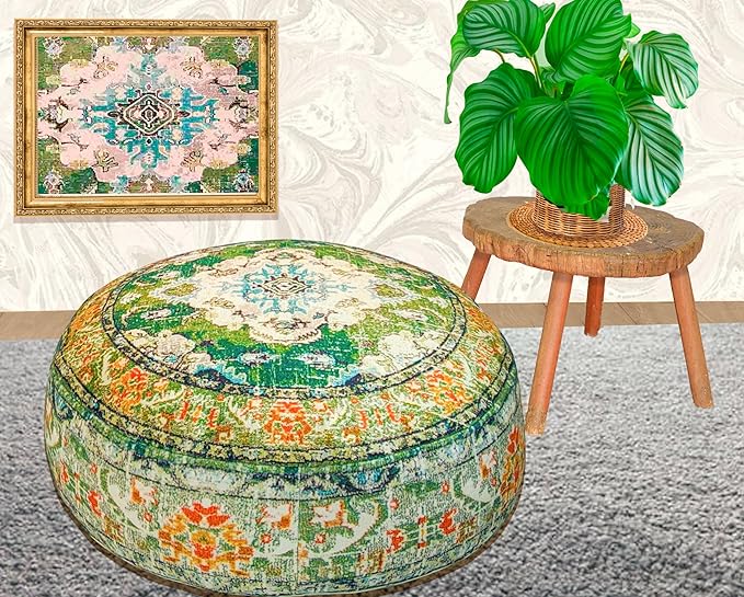Indian Yoga Décor Pouf Cover Green Round Green Floor Pillow Case Room Décor Moroccan Décorative Cushion Perfect for Living Room, Bedroom, Nursary or Children Room Cotton 24x8 Unstuffed