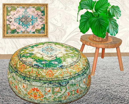 Indian Yoga Décor Pouf Cover Green Round Green Floor Pillow Case Room Décor Moroccan Décorative Cushion Perfect for Living Room, Bedroom, Nursary or Children Room Cotton 24x8 Unstuffed