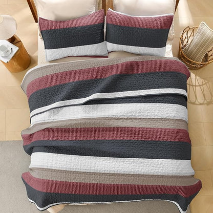 Litanika Quilt Queen Size Black and Red, Stripe Patchwork Summer Bedspread Coverlet 3 Pieces, Soft Lightweight Microfiber Quilted Bedding Set for All Season(1 Quilt, 2 Pillowcases)