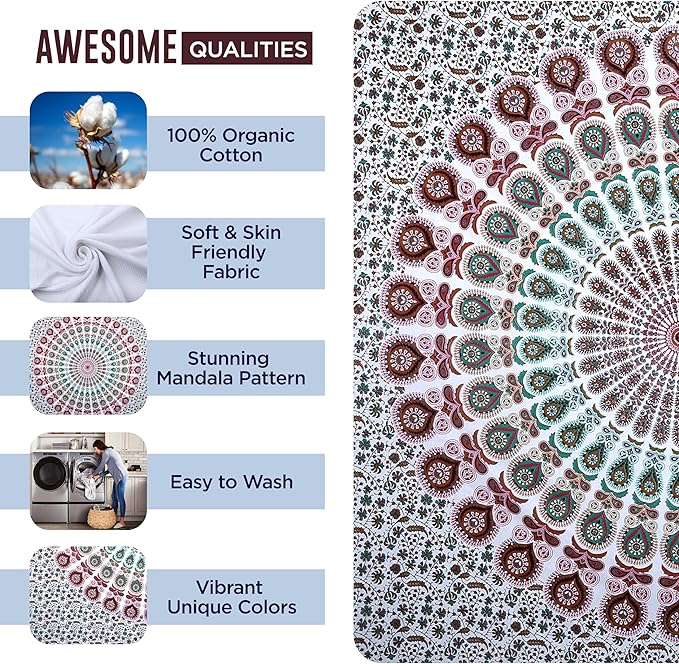 raajsee Mandala Tapestry Wall HANGINGS (White Brown Mandala, Queen 210 X 220 CMS)