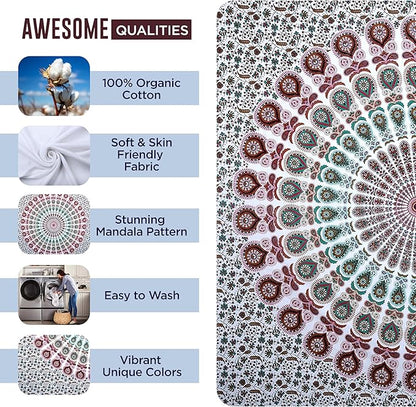 raajsee Mandala Tapestry Wall HANGINGS (White Brown Mandala, Queen 210 X 220 CMS)