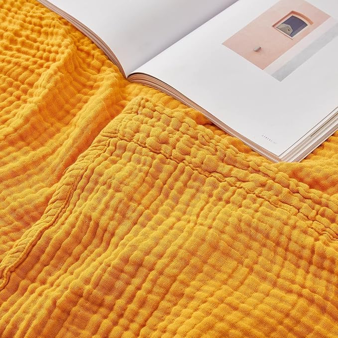 EMME Cotton Muslin Twin XL Blanket Breathable Gauze Blanket Soft Lightweight Blankets Adults Gifts for Women (Mustard Yellow, 66"x90")