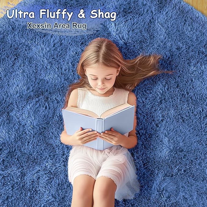 Round Fluffy for Bedroom Rugs, 5Ft Navy Blue Shag Circle Rug Non-Slip for Kids Girls Boys Bedroom Dorm Nursery Playroom, Soft Cute Area Rugs for Living Room Decor