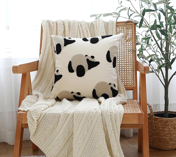 LIGICKY Panda Throw Pillow Cover White Velvet Cushion Cover Neutral Accent Tufted Animal Print Pillowcase Solid Decorative Soft Square Cushion Case for Sofa Bedroom Party Décor, 18 x 18inch