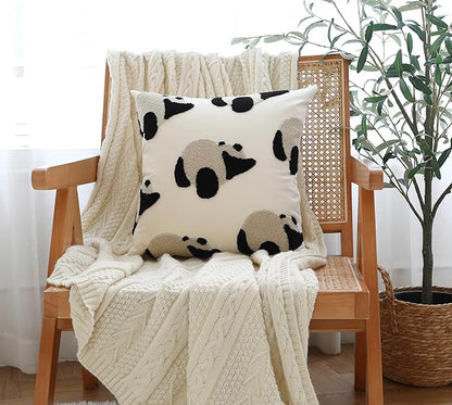 LIGICKY Panda Throw Pillow Cover White Velvet Cushion Cover Neutral Accent Tufted Animal Print Pillowcase Solid Decorative Soft Square Cushion Case for Sofa Bedroom Party Décor, 18 x 18inch