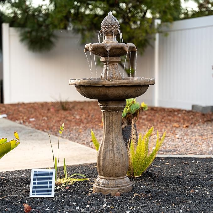 XBrand 44" H Fiberglass/Resin 2-Tier Outdoor Water Fountain with Solar Panel & Auto-Shut Off Pump, Tall Garden Birdbath Fountain