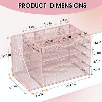 5 Tier Paper Letter Tray with File Holder and 3 Drop-in Pen Holders, Mesh Desk File Organizer with Handle, Desk Organizers and Accessories for School,Home, Office Supplies Storage-Pink