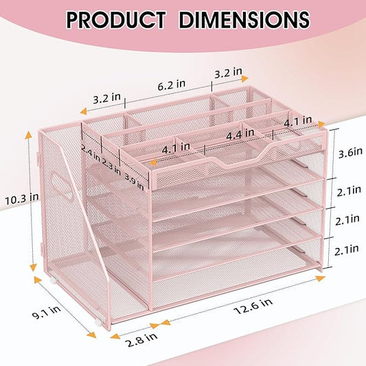 5 Tier Paper Letter Tray with File Holder and 3 Drop-in Pen Holders, Mesh Desk File Organizer with Handle, Desk Organizers and Accessories for School,Home, Office Supplies Storage-Pink