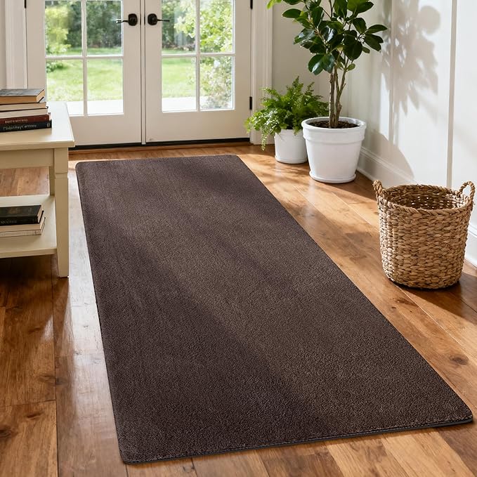 PURE ERA Carpet Stair Tread Landing Mat Area Rug Ultra Plush Shag Soft Non Slip Skid Resistant Tape Free Indoor Doormat Washable Reusable Dark Brown 2' X 6'