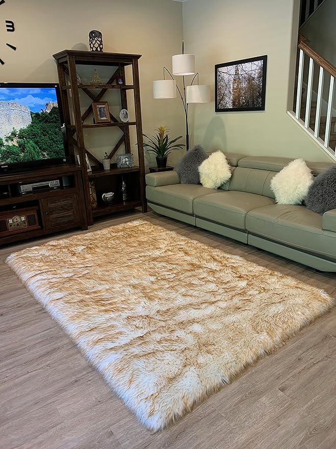 LAMBZY High Pile Super Soft Faux Sheepskin Rug (8'x11', White/Brown Tips)