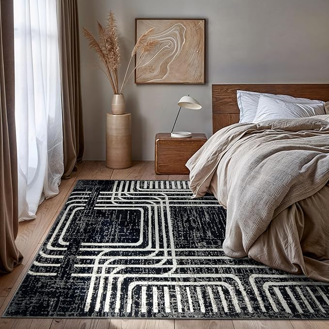 Rugshop Black and White Geometric Area Rug – Abstract Curved Line and Square Pattern Carpet for Living Room, Bedroom, or Office – Contemporary Soft Floor Décor 7' 10" x 10' Black