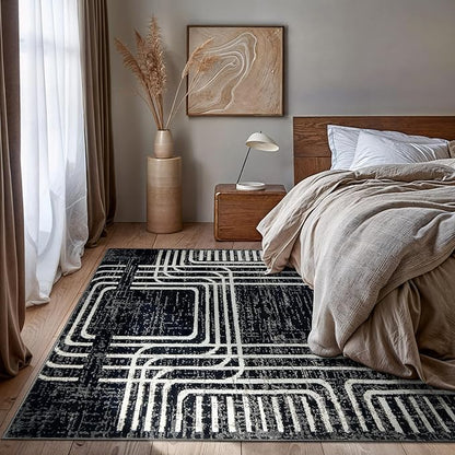 Rugshop Black and White Geometric Area Rug – Abstract Curved Line and Square Pattern Carpet for Living Room, Bedroom, or Office – Contemporary Soft Floor Décor 7' 10" x 10' Black