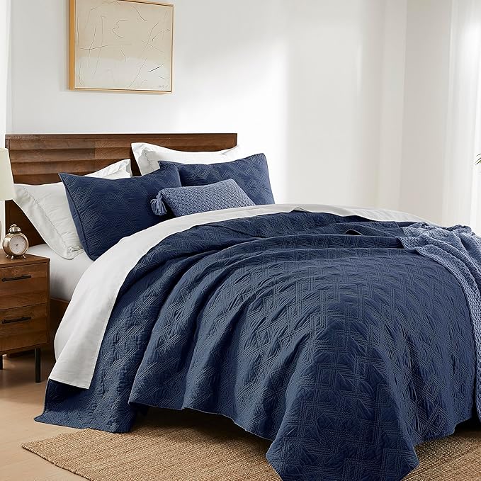 WDCOZY 100% Cotton King Size Quilt Set - Navy Blue Pre-Washed Soft Lightweight Modern Bedspread, Farmhouse Country Rustic Coverlet, Textured Like Linen, Shabby Chic Gauze Bedding, 3 Pieces