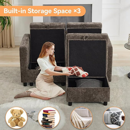 58'' Modular Sectional Loveseat Sofa with Storage, Comfy Office L Shaped Sofa Couch, Chenille Love Seat Modular Sectional Couch with Movable Ottoman for Living Room, Bedroom, Brown