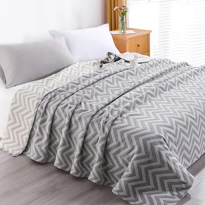 NTBAY 3 Layers Cotton Muslin 68x92 Twin Bed Blanket, Super Soft Breathable Thermal Yarn Dyed Quilt for Adults, Perfect Lightweight Blanket for Couch Sofa Bed All Seasons, Chevron