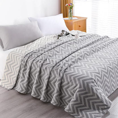 NTBAY 3 Layers Cotton Muslin 88x92 Queen Bed Blanket, Super Soft Breathable Thermal Yarn Dyed Quilt for Adults, Perfect Lightweight Blanket for Couch Sofa Bed All Seasons, Chevron
