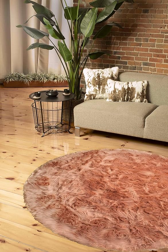 Luxe Gordon Faux Fur Rug with Soft and Fluffy Pile | Machine Washable Living Room Rug with Anti-Slip Backing | Cruelty-Free Area Rugs for Office or Bedroom, Dusty Rose, 6 ft Dia.