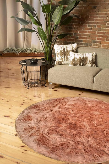 Luxe Gordon Faux Fur Rug with Soft and Fluffy Pile | Machine Washable Living Room Rug with Anti-Slip Backing | Cruelty-Free Area Rugs for Office or Bedroom, Dusty Rose, 6 ft Dia.