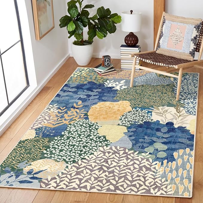 DEXDE Washable Area Rug 3x5 Low Pile Non-Slip Boho Small Carpet with Botanical Leaf Pattern, Soft Machine Washable Rug for Bedroom, Entryway, Living Room, Kitchen, Office, Blue